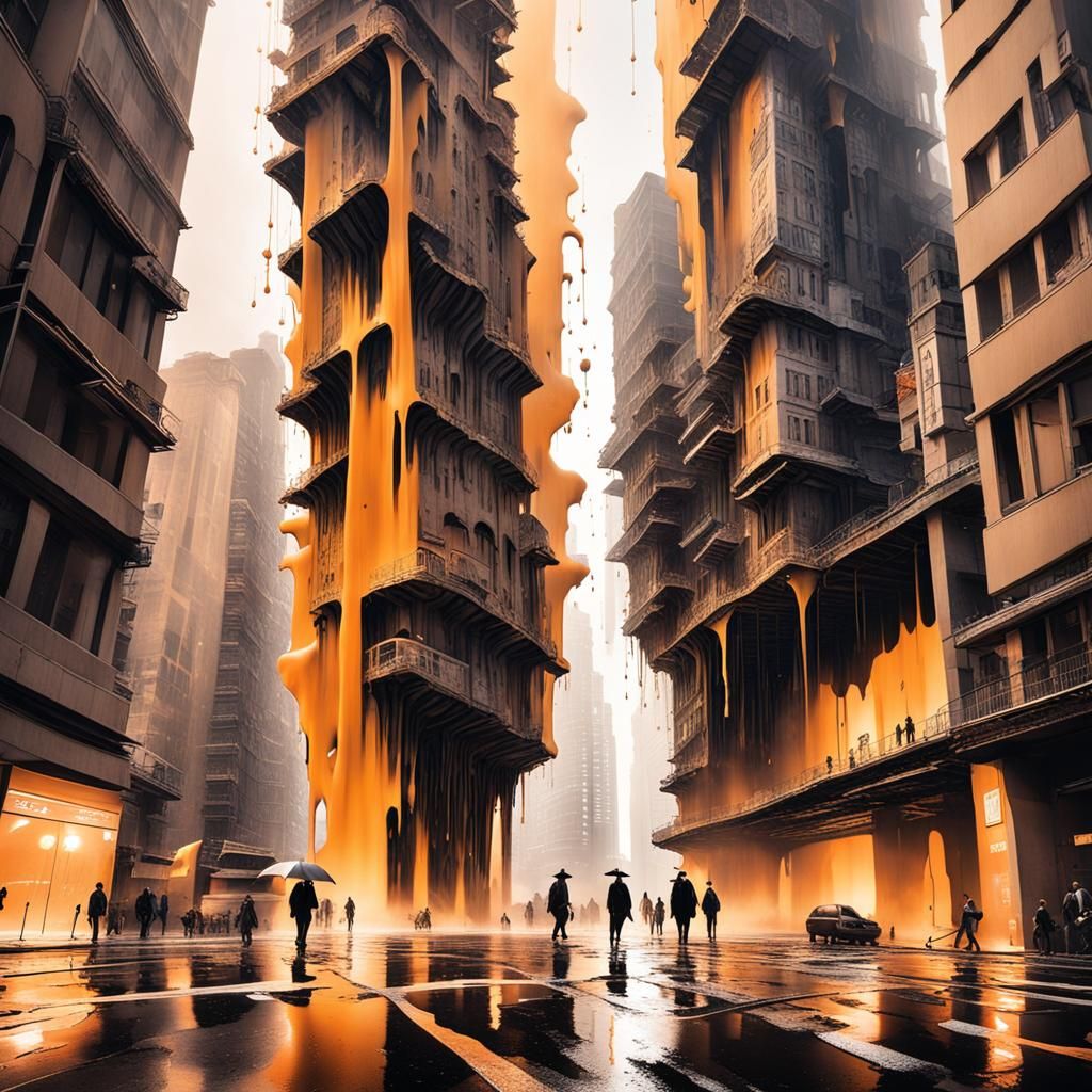 A city street where the buildings are melting like wax running down their sides