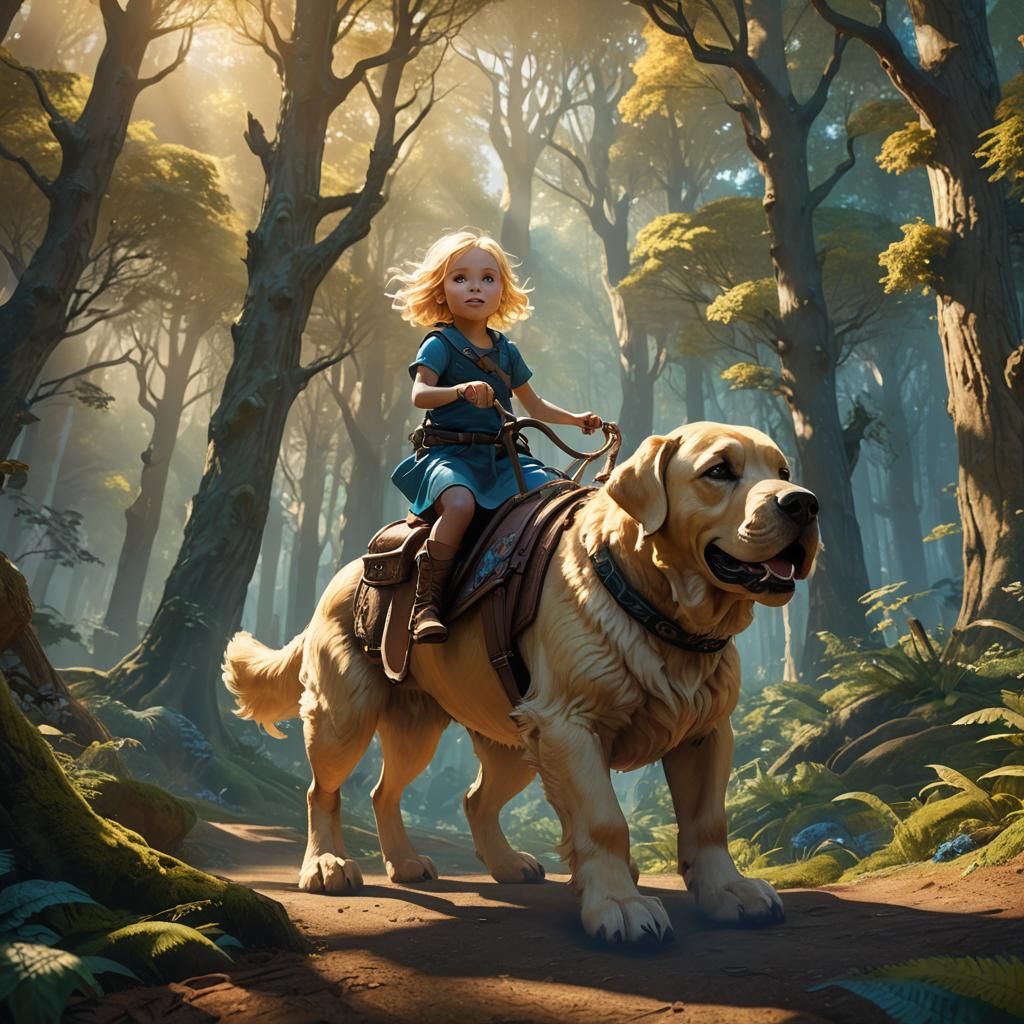 Toddler Girl Rides Giant Dog in Whimsical Forest
