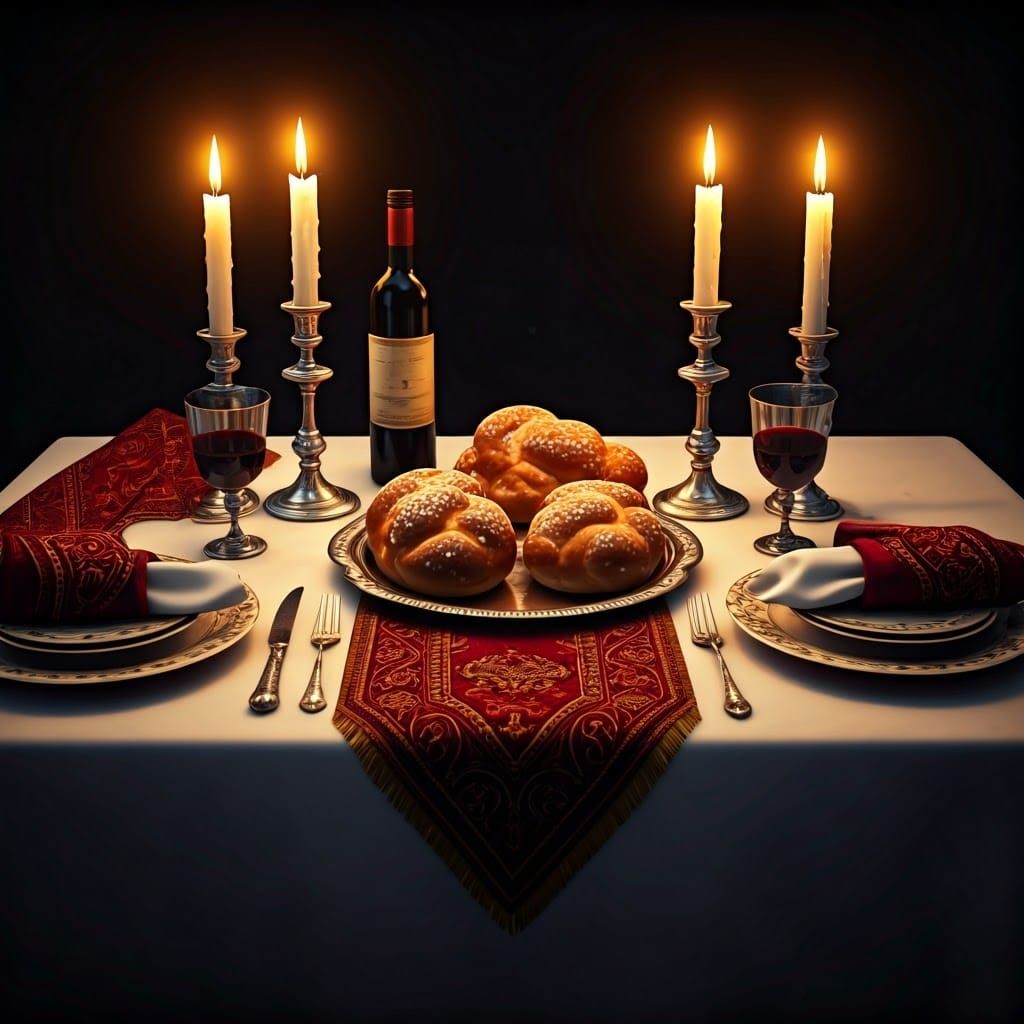 Ornate Shabbat Table with Challah and Silver