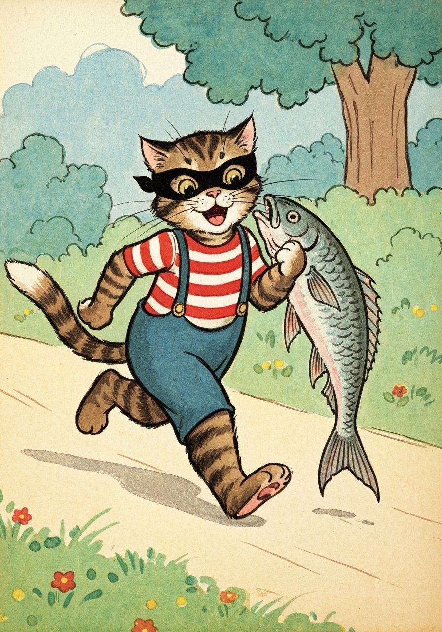 1920s children's book illustration, a cat dressed in a striped jumper and black mask running away with a large fish unde...
