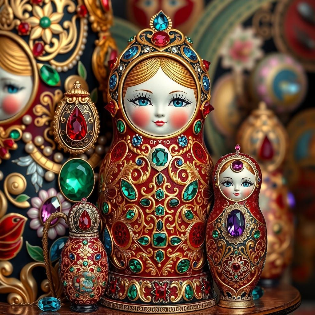 Russian Dolls in Opulent Gemstone Settings with Hyperrealist...