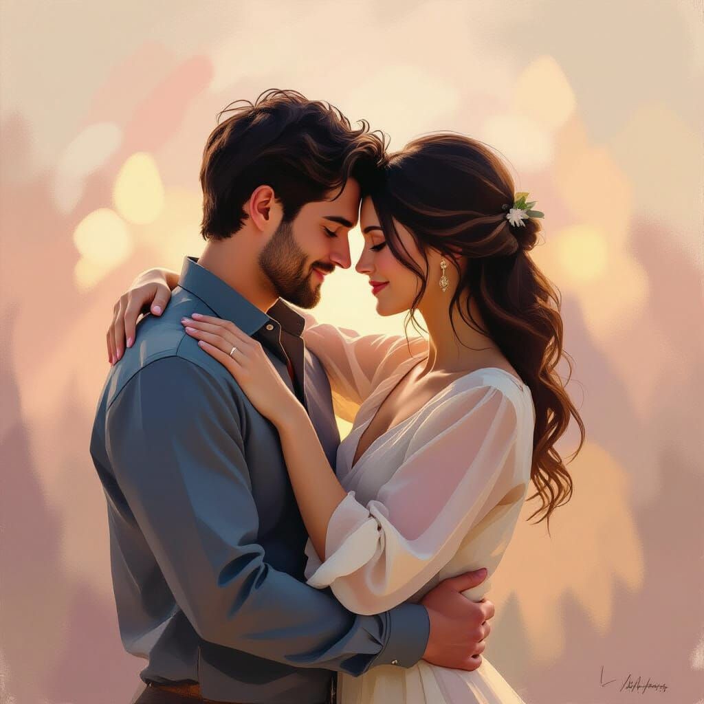 Couple in Loving Embrace: Impressionist Oil Painting