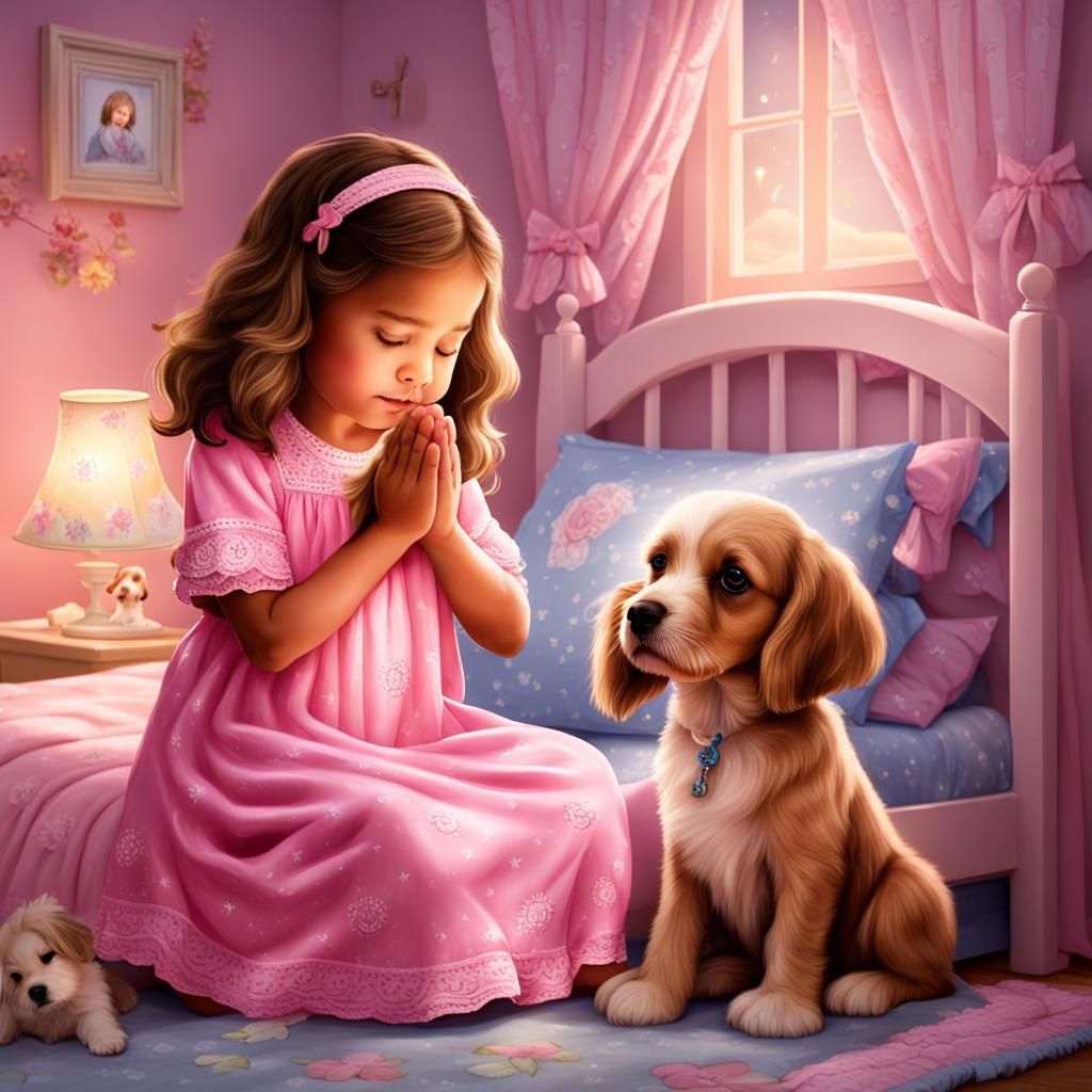 Girl and Puppy Praying Together