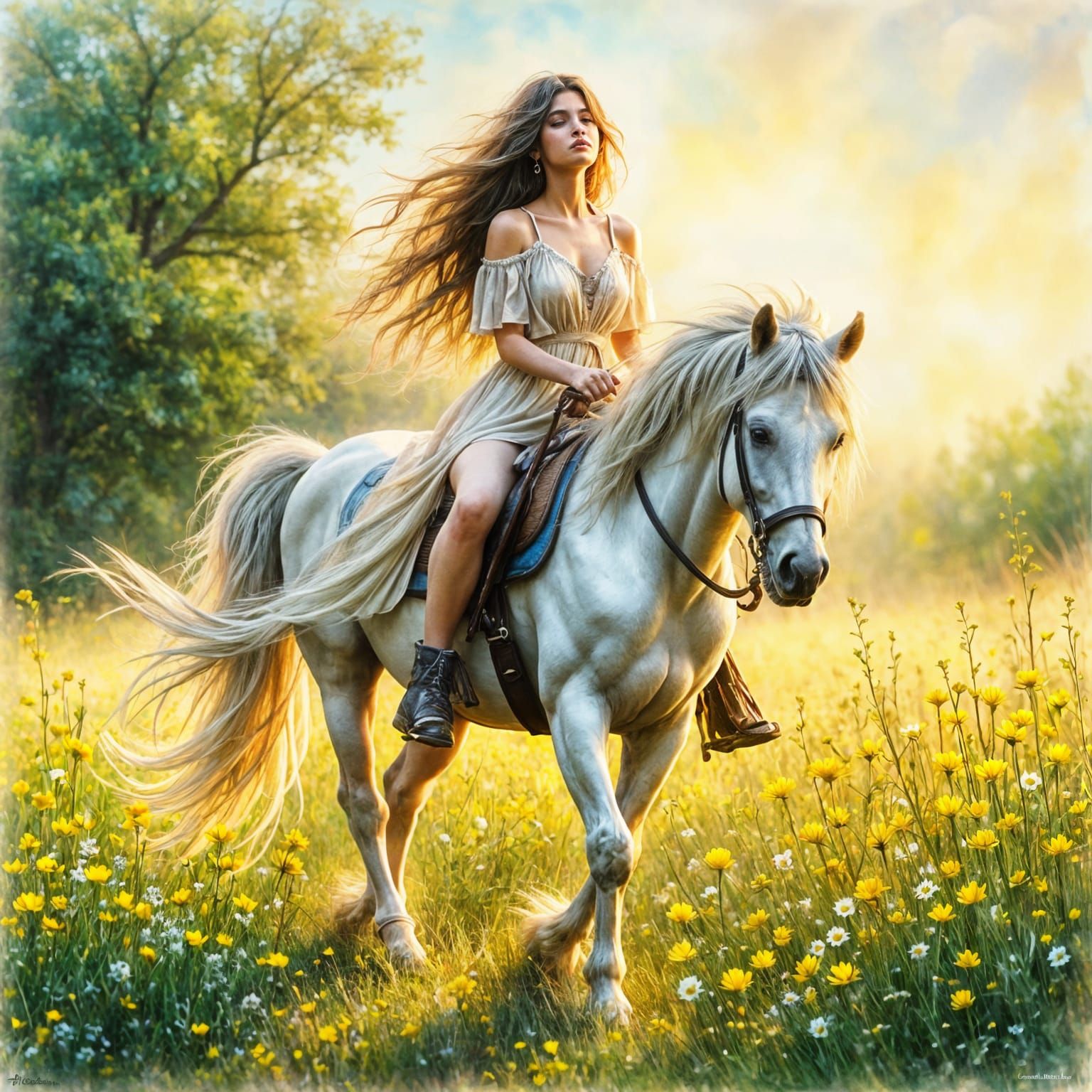 Watercolor Painting of Woman on Horse in Buttercup Meadow