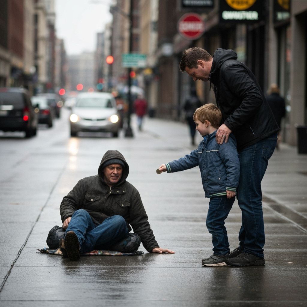 Boy Offers Coin to Homeless Person on Wet City Street