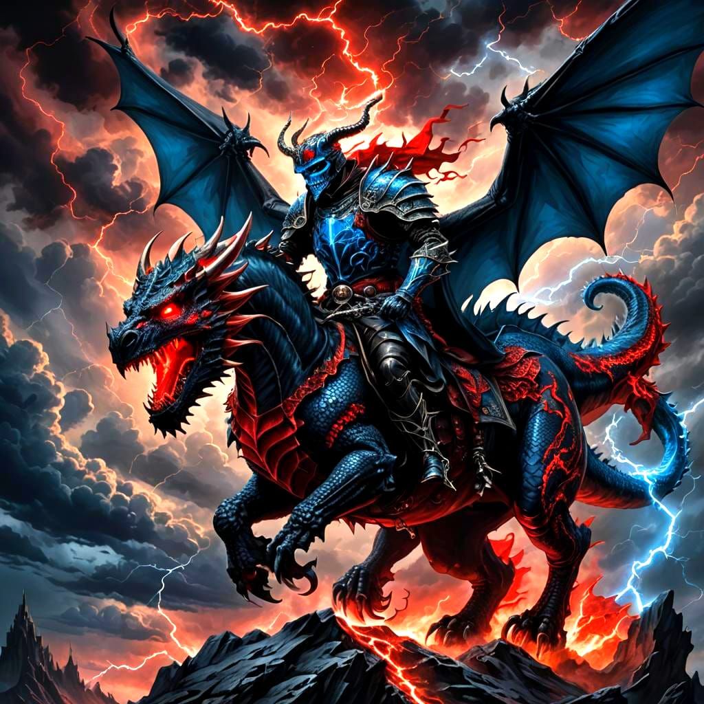 Skull King on Dragon in Stormy Skies