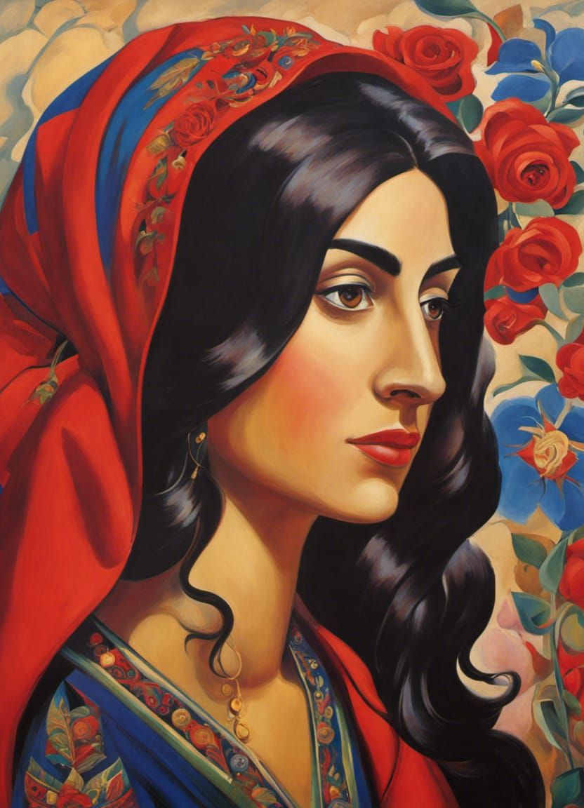 Armenian Woman Portrait with Rose, Vivid Impressionism