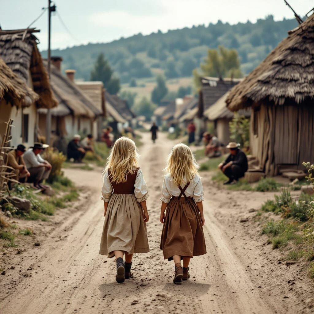 Children in Old Fashioned Clothes Walk to a Thatched-Roof Vi...