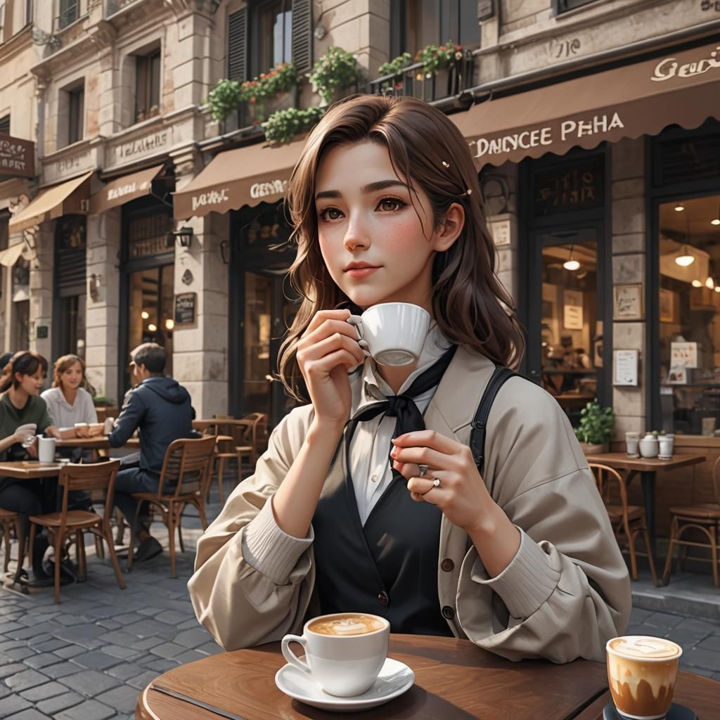 Italian Woman Drinking Coffee: 3D Anime Art