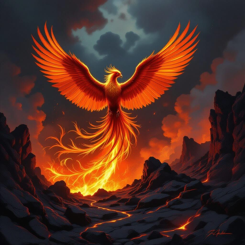 Majestic Phoenix Rises from Volcanic Inferno