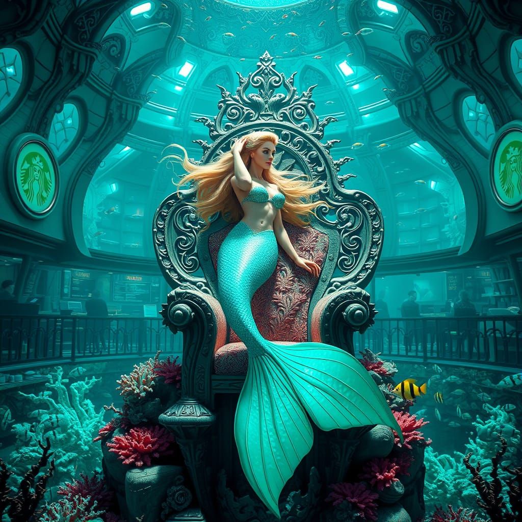 Regal Mermaid Goddess in Underwater Starbucks