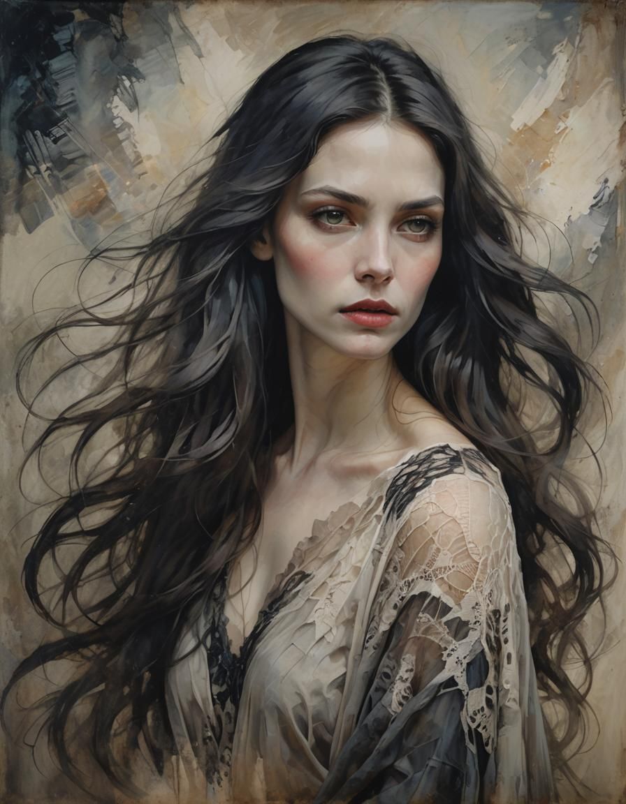 A portrait of a woman with long, flowing, dark hair.