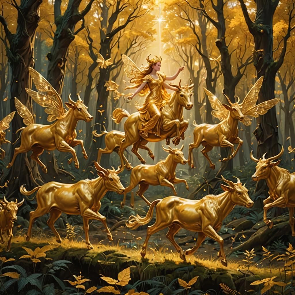 Ethereal Golden Forest with Dancing Fairies