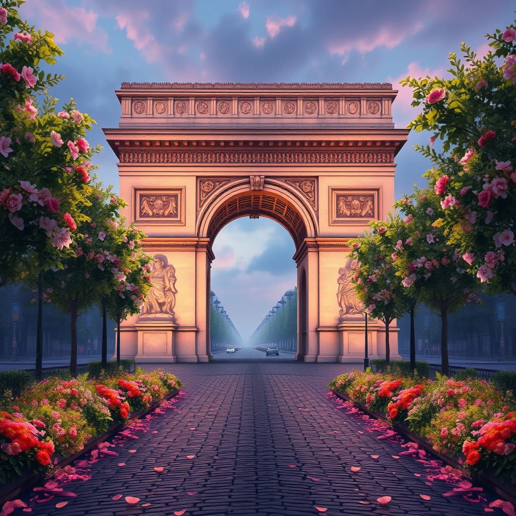 Dreamlike Arc de Triomphe in Vibrant, Flower-Filled Champs-É...