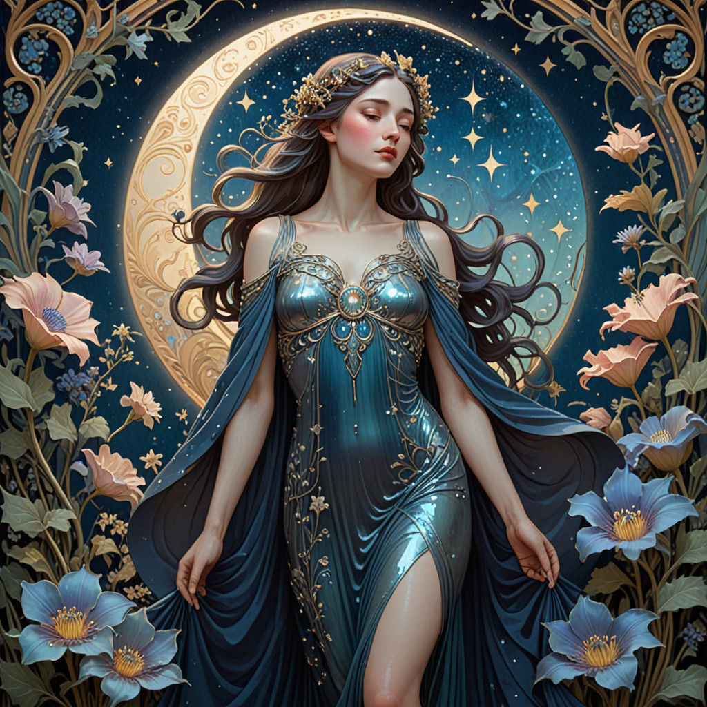 Ethereal Moon Goddess in European Art Nouveau