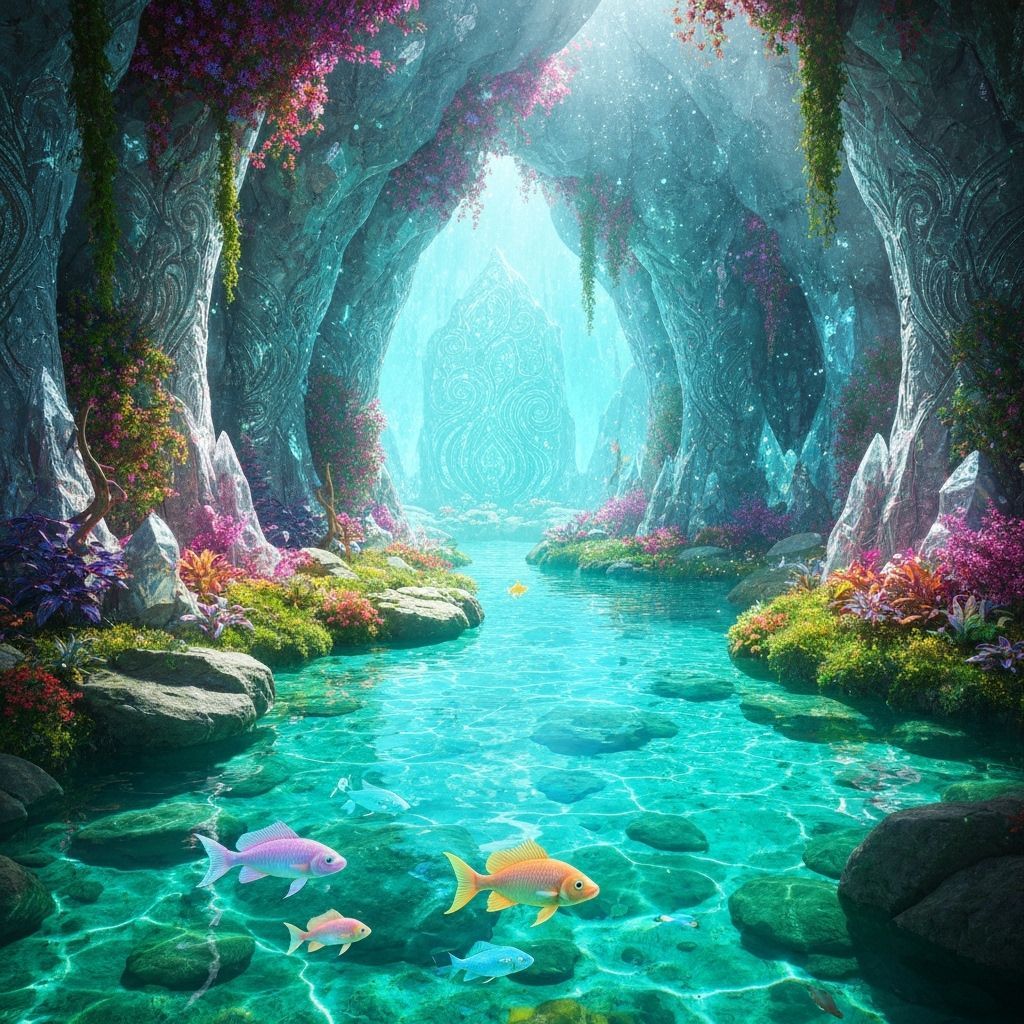 Glowing Crystal Cave Oasis with Bioluminescent Flora