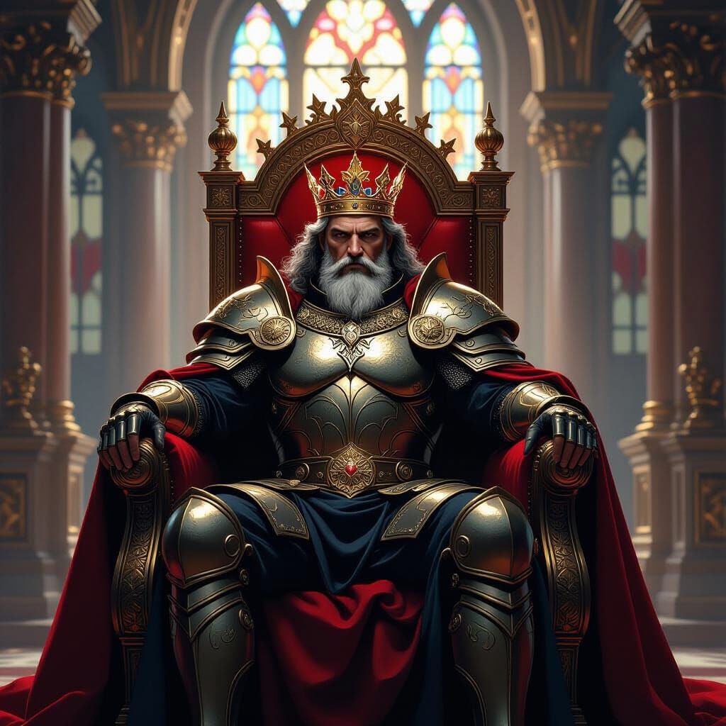 Majestic King on Ornate Throne in Epic Fantasy Hall