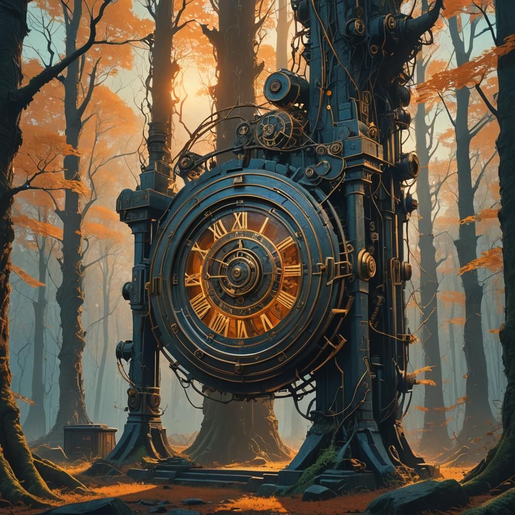 Clockwork Time Machine in Mystical Forest