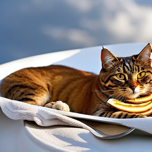 Cat eating banana pancakes