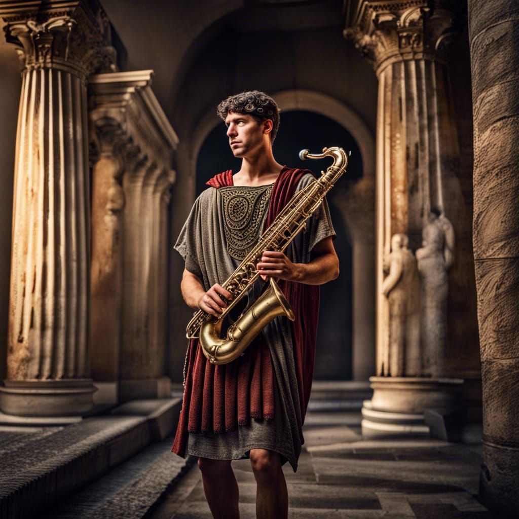 Hyperrealistic Roman Plays Saxophone on Ancient Stage