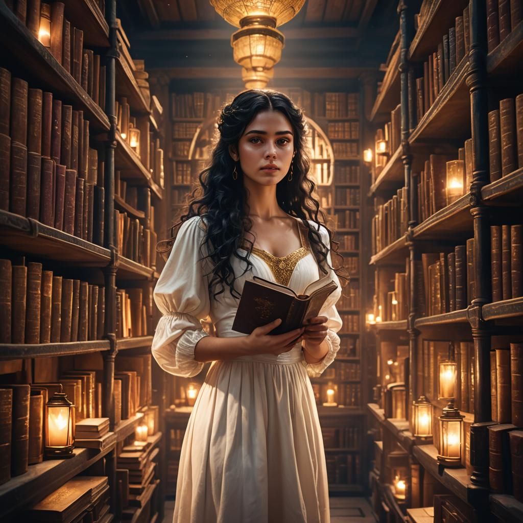 Ethereal Woman Among Ancient Tomes: Fantasy Art