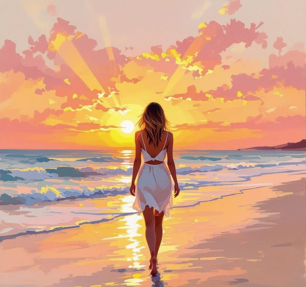 Pink and Orange Sunset Beach with Sun Beams
