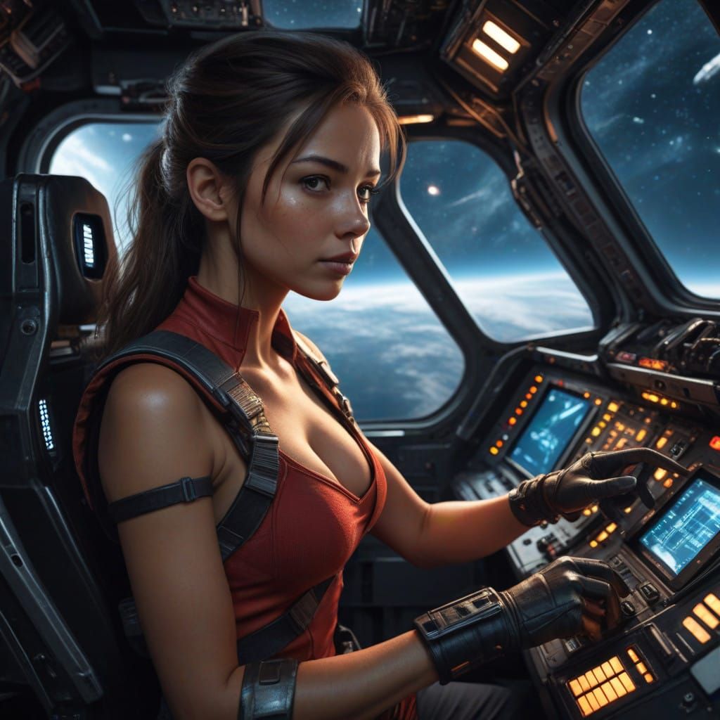 Futuristic Space Pilot in High Contrast Dark Interior