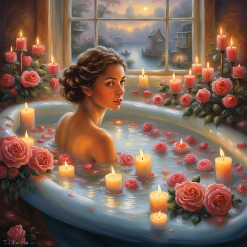 Ethereal Bath Scene with Candles and Roses