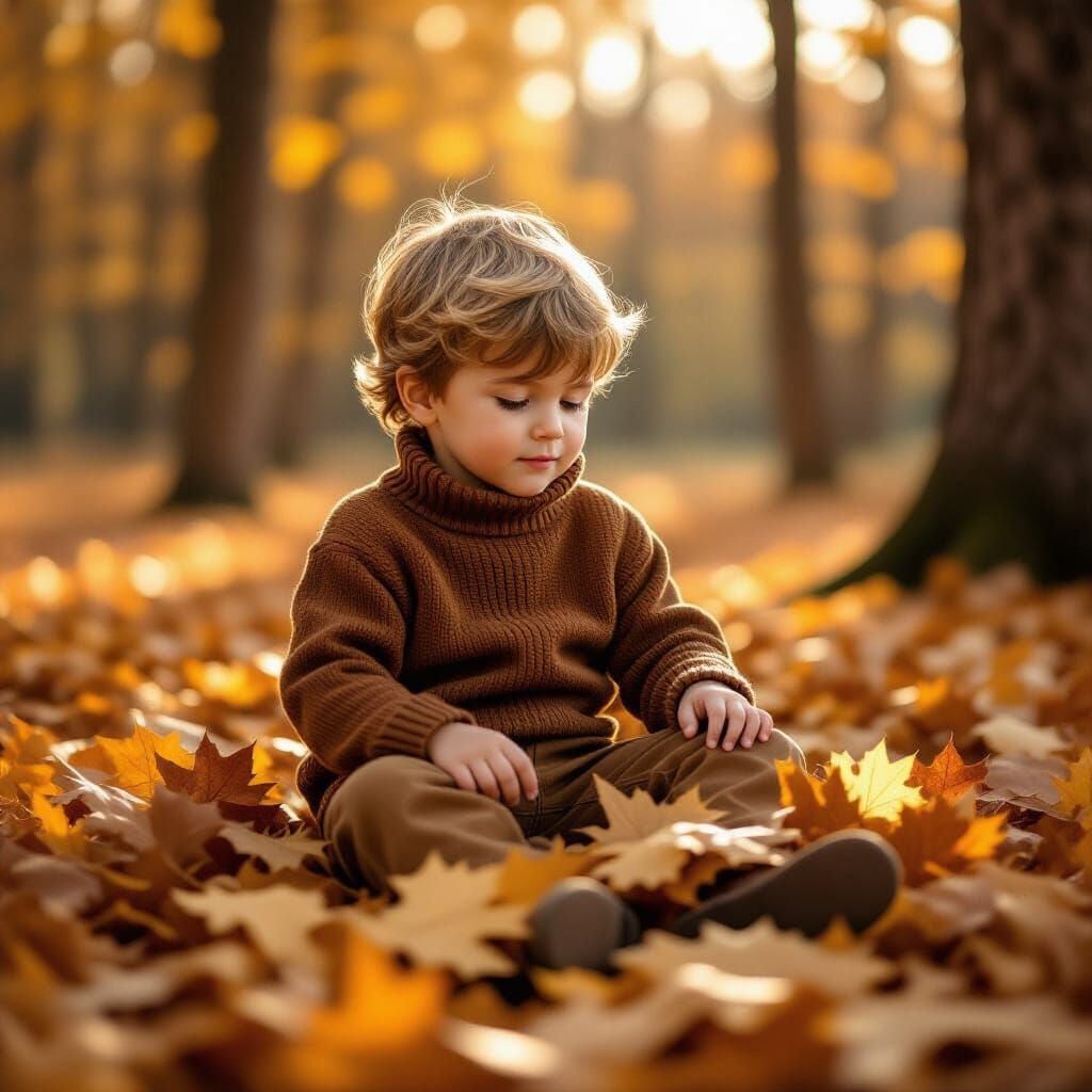 Boy in Autumn Leaves, Lifelike Forest Scene