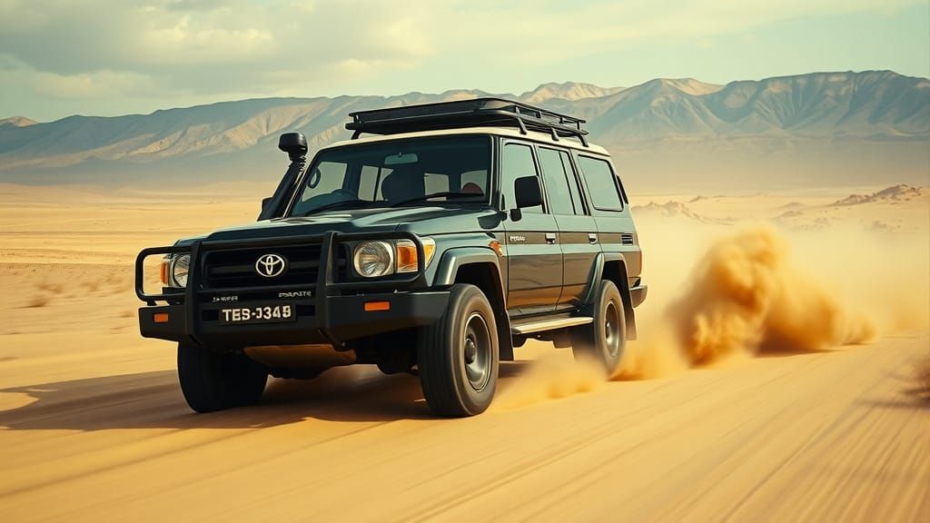Toyota Landcruiser Races Across Desert Landscape