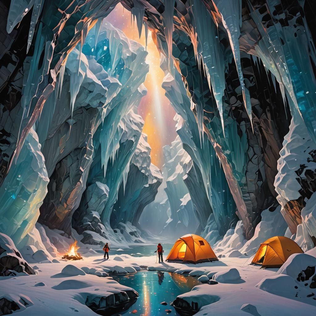 Camping in a Sparkling Ice Cave, Oil Painting Style