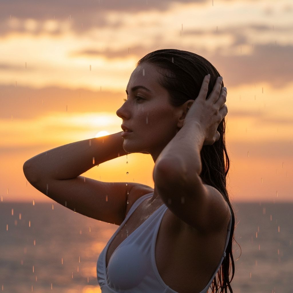 Woman in Rain at Sunset