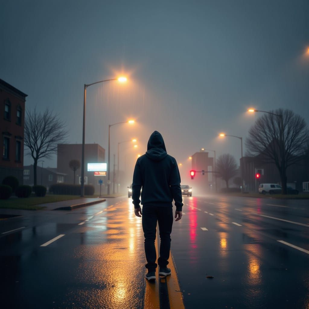 Man Ponders Fork in Road in Misty Rain