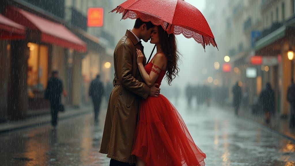Romantic Couple Embracing in Rainy City Streets, in Impressi...