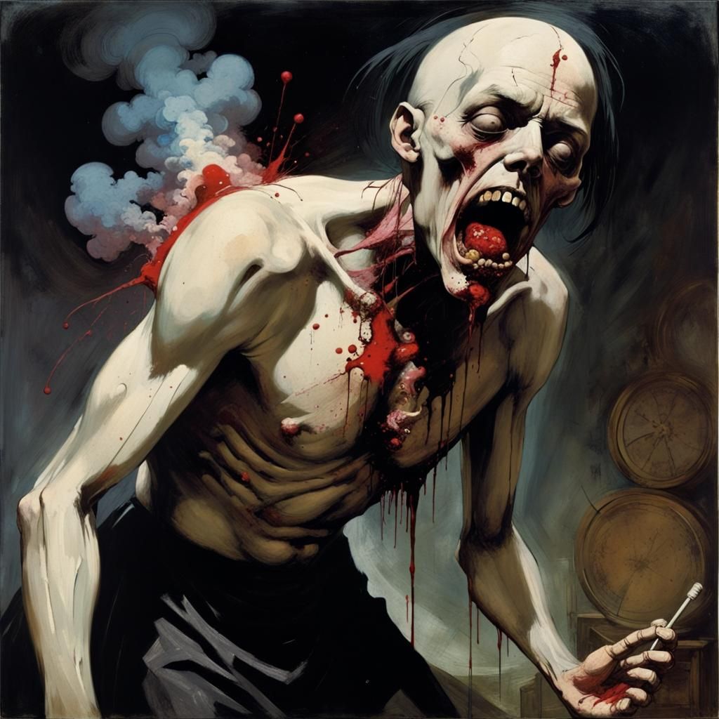 Ominous/IMAX/horror; "Man (infused:1.3) into a  violent+vulgar fiend; with (drug concoction:1.5) with fits of vomiting+v...