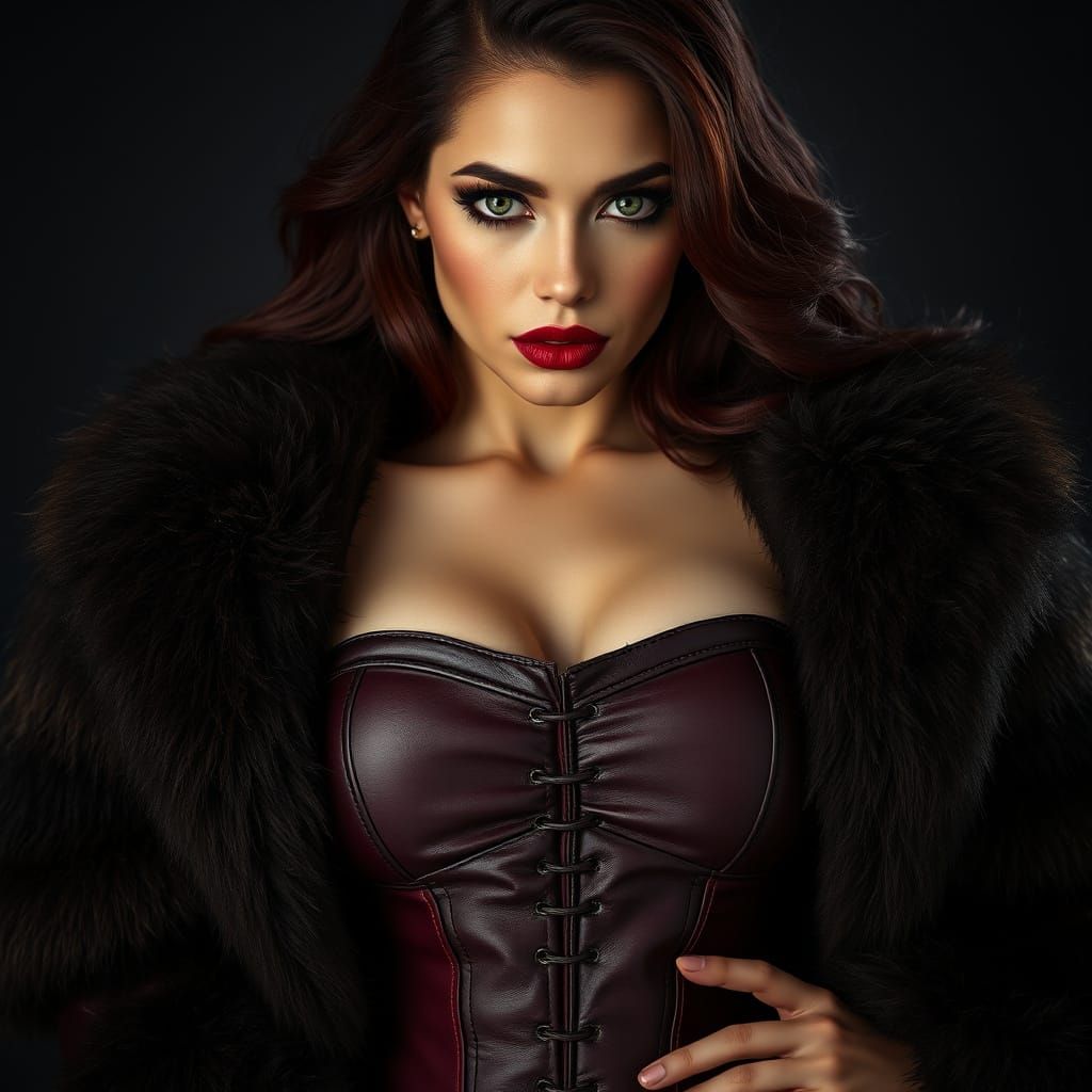 Confident Trans Woman in Luxury Fur Coat and Leather Corset