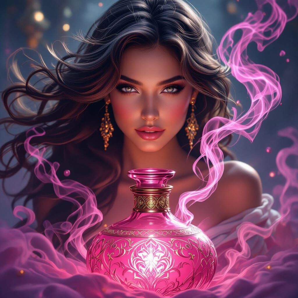 Genie Woman Emerges From Ornate Pink Bottle
