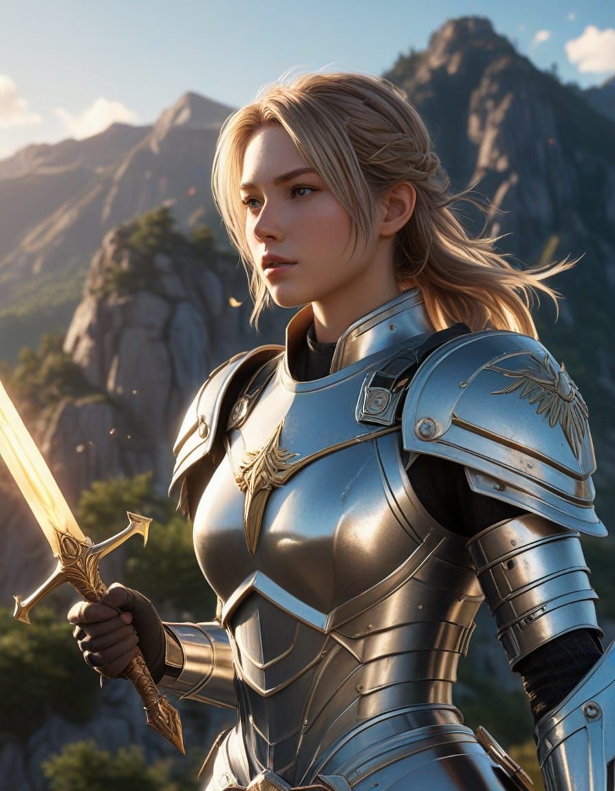 Woman in Silver Armor on Mountaintop, Digital Art