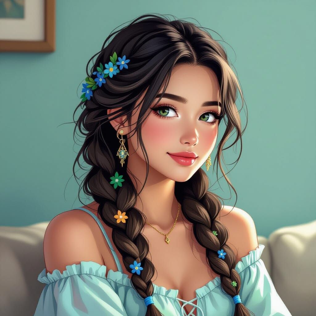 Relaxed Woman with Blue-Green Braid in Anime Style