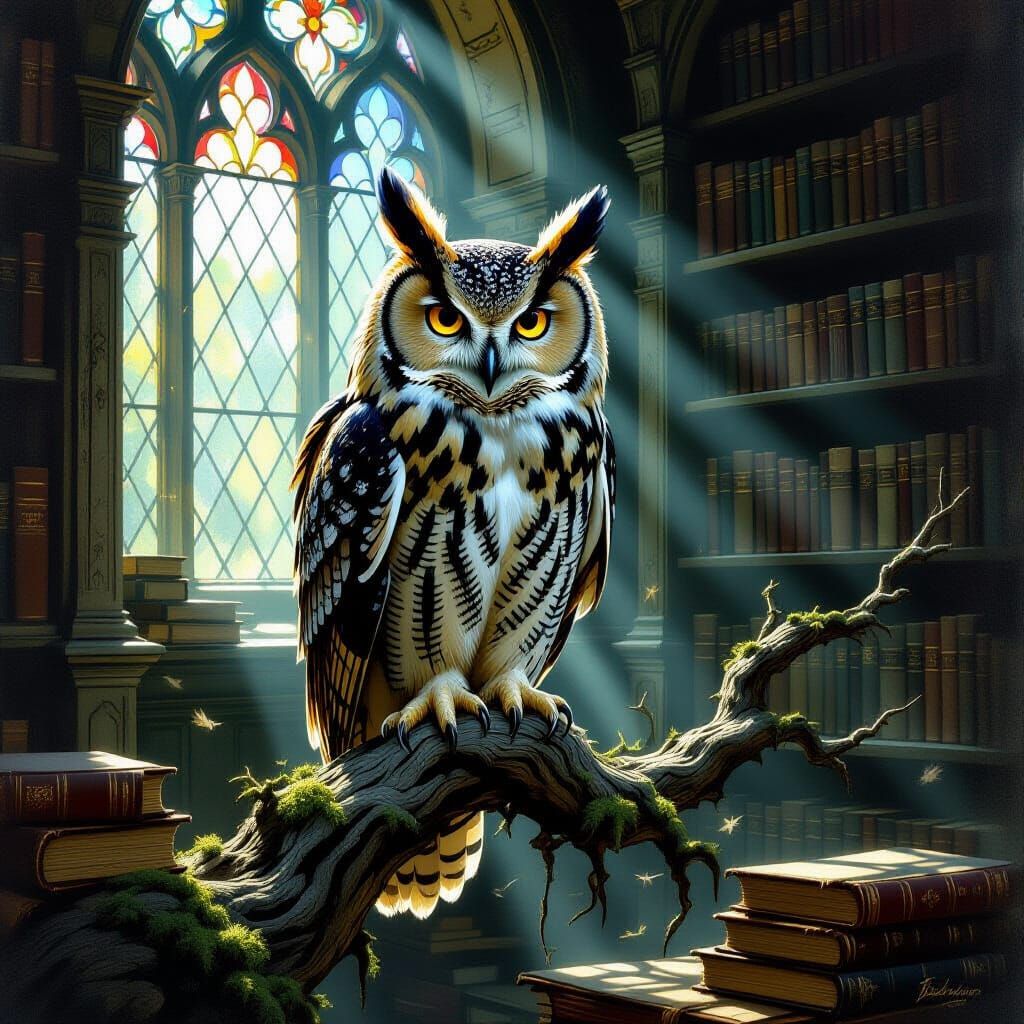 Majestic Librarian Owl in Dark Oil Painting Style