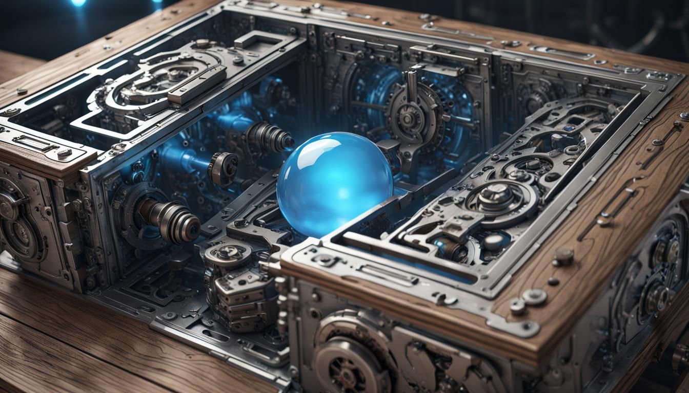 Intricate Sci-Fi Puzzle Box with Blue Bubble