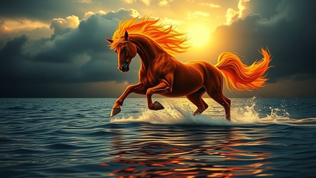Fiery Horse Galloping on Water, Cinematic Film Still