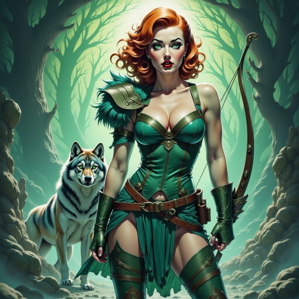 Vibrant Anime Ranger and Dire Wolf in Dungeon