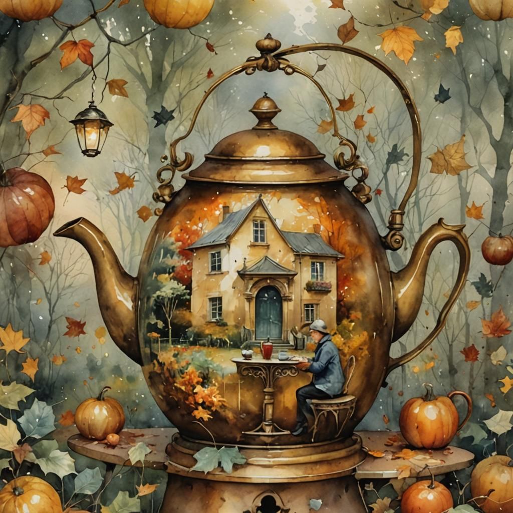 Cafe Rotunda in Autumn Park: Watercolor Impasto Painting