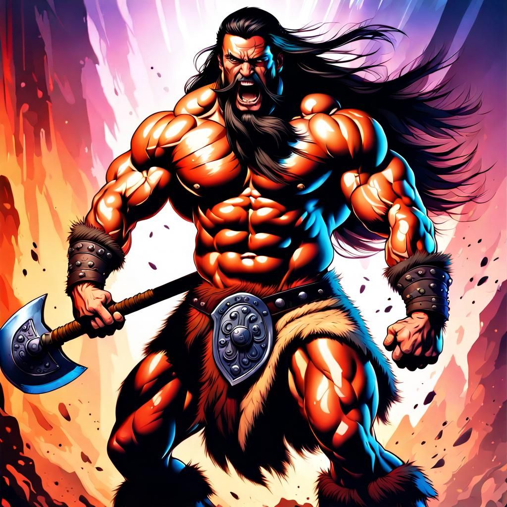 Dynamic Barbarian Warrior Lunging with Battle Axe