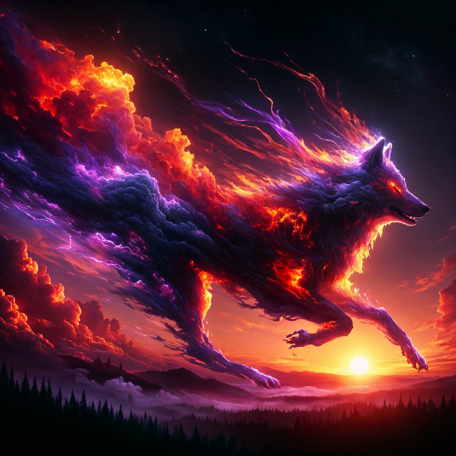 A ghostly wolf made of glowing, fiery sunset clouds races ac...