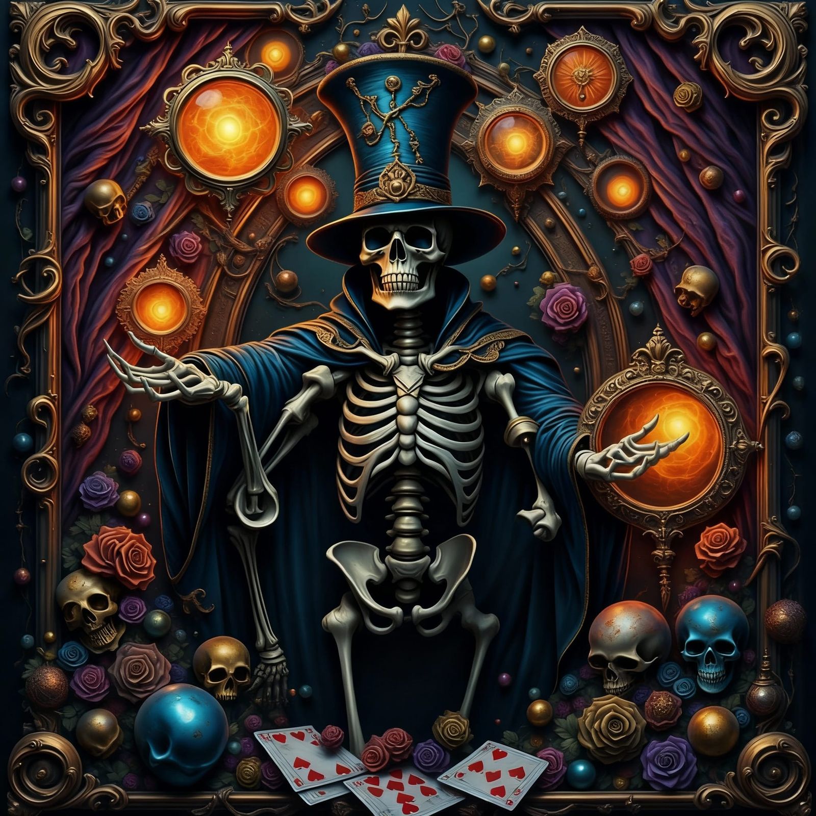 Skeleton Magician Emerges from Playing Card in Dynamic Style