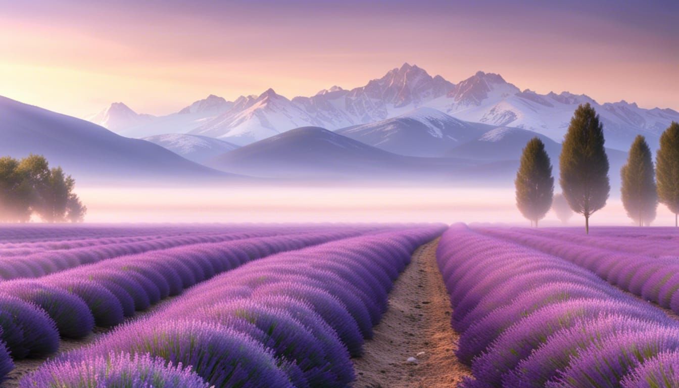 Misty Sunrise Over Lavender Farm: Hyperrealistic Image