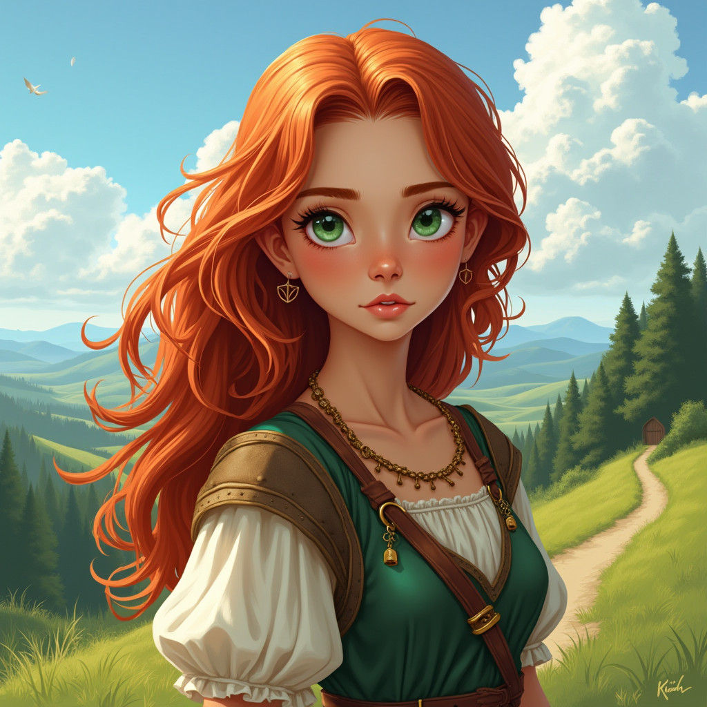 Brave Blonde Girl in Medieval Landscape, Fantasy Art