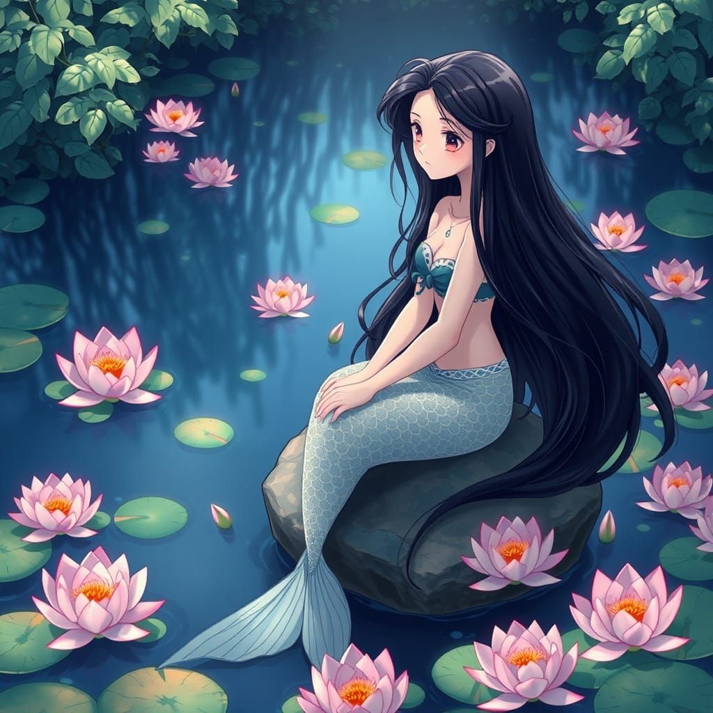 Mermaid with long, flowing dark hair and pale, luminous skin, sitting serenely on a rock amidst a serene pond surrounded...